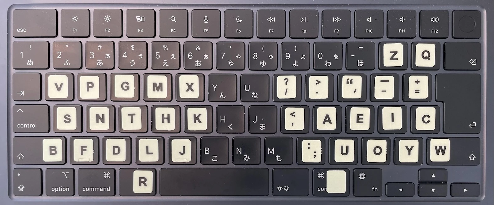 Non-split row-staggered Japanese Apple Keyboard with Hands Down legends